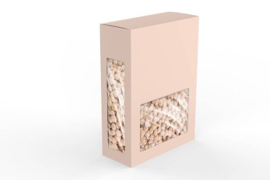 Bej bezelyeler beyaz arka planda izole edilmiş sert bir kutuda. 3d illüstrasyon