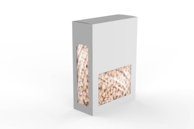 Bej bezelyeler beyaz arka planda izole edilmiş sert bir kutuda. 3d illüstrasyon