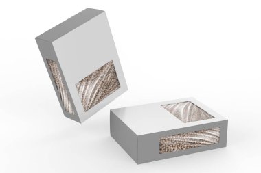 Beyaz arka planda izole edilmiş sert bir kutuda pardina mercimeği. 3d illüstrasyon