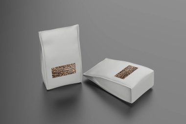 Gerçekçi kahve poşeti modeli beyaz arka planda izole edilmiş. Tasarımın ve sunumun için kullanması kolay. 3d illüstrasyon