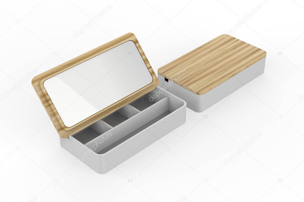 Custom factory direct supply bamboo cover jewelry storage box with mirror flip cover multifunctional high-end cosmetic box. 3d illustration