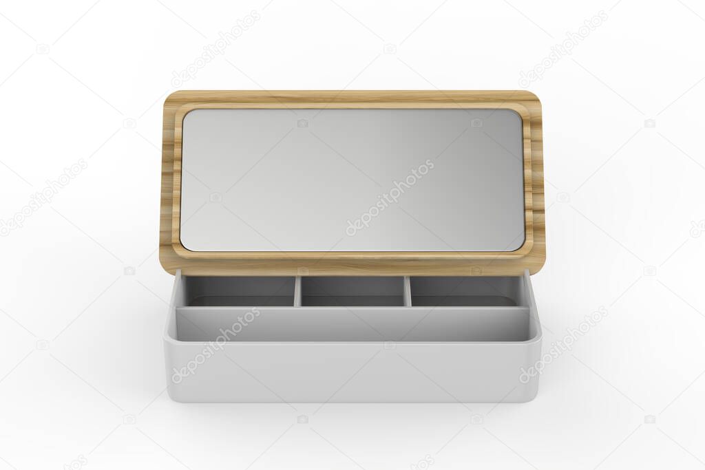 Custom factory direct supply bamboo cover jewelry storage box with mirror flip cover multifunctional high-end cosmetic box. 3d illustration