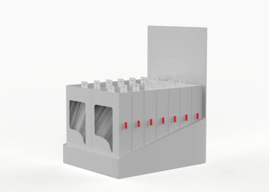 POS POI karton kutu ile reklam broşürleri, broşürler, ürünler. 3D Görüntü Beyaz Arkaplanda İzole Edildi. Tasarımınız için Şablonu Hazırlayın.