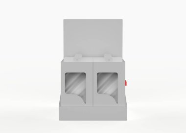 POS POI karton kutu ile reklam broşürleri, broşürler, ürünler. 3D Görüntü Beyaz Arkaplanda İzole Edildi. Tasarımınız için Şablonu Hazırlayın.