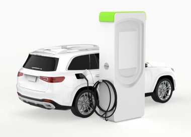 Pod Point evcil elektrikli araç şarj noktası duvara monte edildi. 3d illüstrasyon