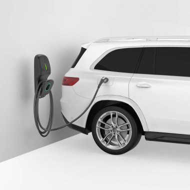 Pod Point evcil elektrikli araç şarj noktası duvara monte edildi. 3d illüstrasyon