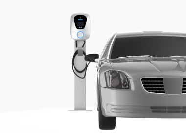 EV elektrikli aracına temiz enerji yüklüyor. 3d illüstrasyon