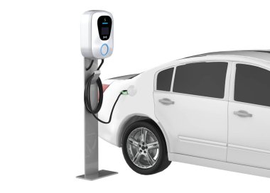 EV elektrikli aracına temiz enerji yüklüyor. 3d illüstrasyon