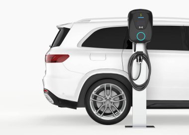 EV elektrikli aracına temiz enerji yüklüyor. 3d illüstrasyon