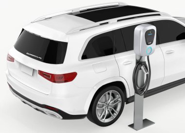 EV elektrikli aracına temiz enerji yüklüyor. 3d illüstrasyon