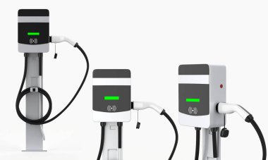 EV elektrikli aracına temiz enerji yüklüyor. 3d illüstrasyon