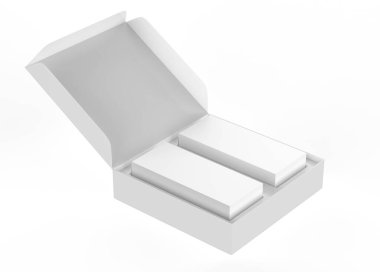 Beyaz arka planda izole edilmiş çay kutularıyla dolu bir kutu. 3d illüstrasyon