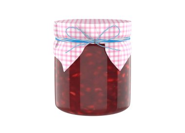 Beyaz arka planda yalıtılmış ahududu reçelli cam kavanoz. 3d illüstrasyon