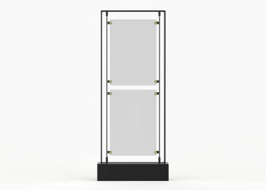 Gerçekçi sokak reklam panosu, dikey model. Açık hava reklamı için çerçeveli şehir ışığı panosu. Sunum, promosyon, reklam ve tasarım için şablon ekranı. 3d illüstrasyon