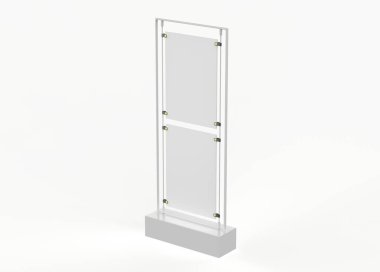 Gerçekçi sokak reklam panosu, dikey model. Açık hava reklamı için çerçeveli şehir ışığı panosu. Sunum, promosyon, reklam ve tasarım için şablon ekranı. 3d illüstrasyon