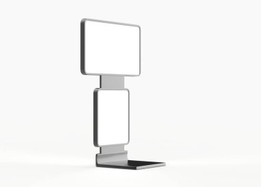 Gerçekçi sokak reklam panosu, dikey model. Açık hava reklamı için çerçeveli şehir ışığı panosu. Sunum, promosyon, reklam ve tasarım için şablon ekranı. 3d illüstrasyon