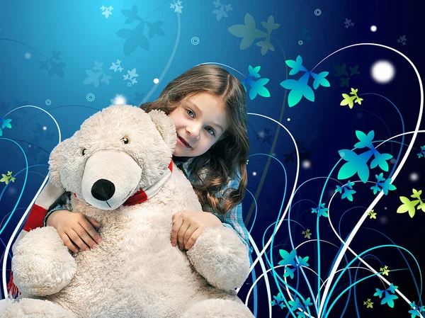 Kaukasiska liten flicka med en isbjörn — Stockfoto