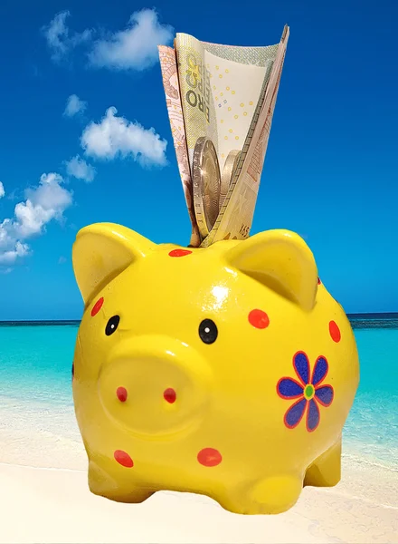 Piggy bank on a background of the sea — Stock Photo, Image