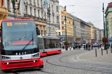Prag, Noel, şehir, vintage, kış, Çek Cumhuriyeti, görünüm, izlemek, kentsel ulaşım, tramvay