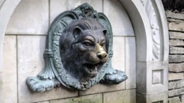 Duvarda aslan başı çeşmesi var. Aslan şekilli sıva kaplamalı klasik duvar dokusu. Bir aslanın kalıplı yüzüne su püskürtülür. Aslan çeşmesi..