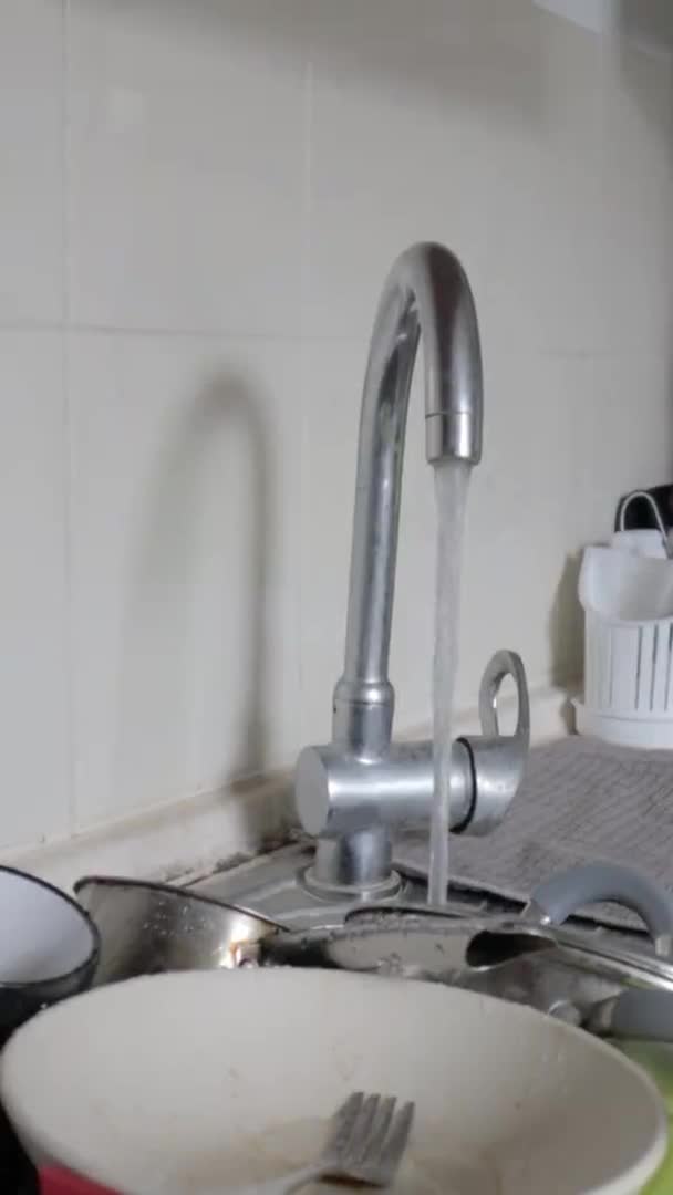 Lavabodaki Mutfak Gereçleri Yıkanmalı Dikey Video Mutfak Lavabosunda Akan Suyla — Stok video