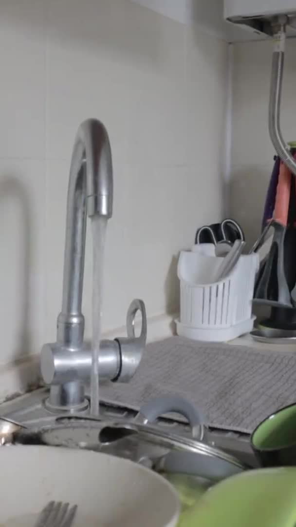 Kitchen Utensils Washbasin Must Washed Vertical Video Pile Dirty Dishes — Stock Video