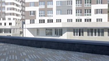 Teraslı bir Avrupa modern konut kompleksi inşaatı, dükkan, kafe veya salonlar için ticari gayrimenkul kiralamak için zemin katta bir bina. Yeni apartman.