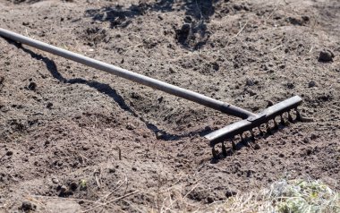 Yatağın üzerinde bir tırmığın resmini yakın çekim. Bahçede, kuru toprakta eski siyah metal tırmığı. Bahar temizliği. Seçici odaklanma. Bahçe alanı temizliği