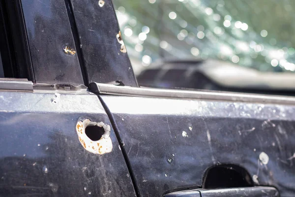 Автомобіль Пронизаний Кулями Російська Війна Проти України Автомобіль Цивільних Розстріляних — стокове фото