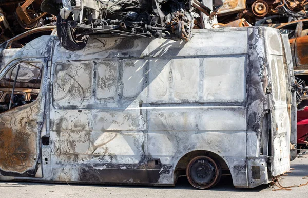 Auto in Irpen. Kyiv region, Ukraine. Russia Ukraine war. Cemetery of cars in Irpin, the consequences of the invasion of the Russian army in Ukraine. Destroyed cars of the civilian population