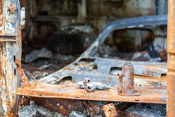 Coche Fue Completamente Destruido Por Fuego Abandonado Quemado Oxidado Coche — Foto de Stock
