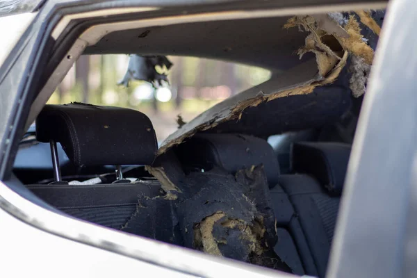 A car after an accident with a broken rear and side glass, view from the rear window. Broken window in a vehicle. The wreckage of the saloon, a detailed close-up view of the damaged car