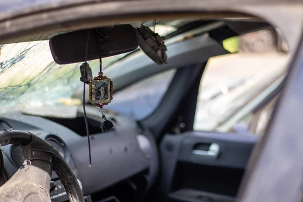 Der Fahrer Airbag Löste Nach Der Kollision Lenkrad Des Autos — Stockfoto
