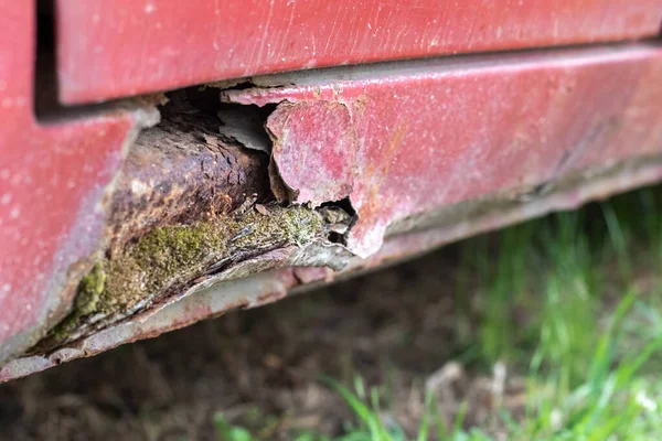 Rusty driver\'s door sills. Corrosion of the body of a red old car after winter. Influence of reagents in winter on an unprotected vehicle body. Damage to the left side, rotten threshold on the bottom