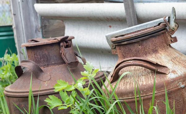 Two old rusty metal cans in the countryside. Container for transporting liquids, milk or liquid fuels with several handles. Milk bank of a cylindrical form with a wide mouth. Flask with sealed lid