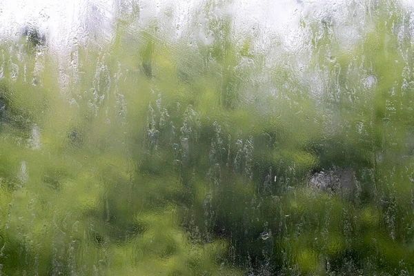 Heavy Rain Raindrops Window Glass Summer Day Selective Focus Shallow — Fotografia de Stock