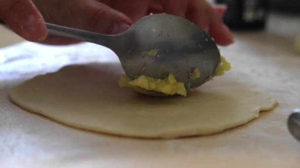 손으로 조각에 감자를 붓는다 채우고 메이드 요리사는 프라이 반죽에 채운다 — 비디오