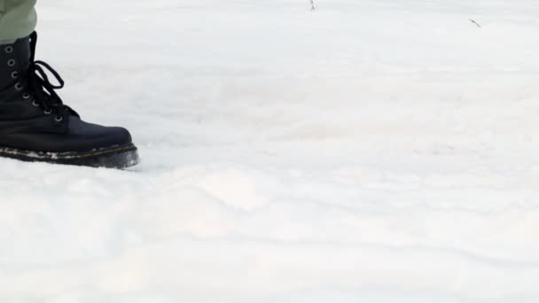冬の森の中で雪の中を歩く女性 ブーツは新鮮な雪の中で足跡を残します 黒いブーツを着た女性の足 神秘的かつ神秘的に冬の雪の中を歩く 低角度 — ストック動画