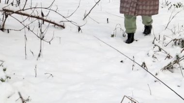 Tanınmayan bir kadın kışın karlı ormanda yürüyor. Parktaki kaygısız kız çam ormanında yürüyor, kışın güneşli zamanlarda ormanı keşfediyor. Soğuk bir günde turist seyahati.