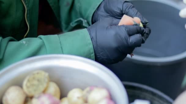 Mulher Cozinhar Descascando Batatas Livre Campo Panela Aço Inoxidável Com — Vídeo de Stock