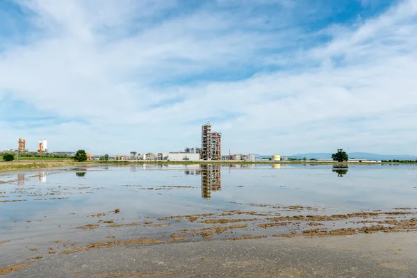 Overstroomd rijstvelden met olieraffinaderij, lomellina (Italië) — Stockfoto