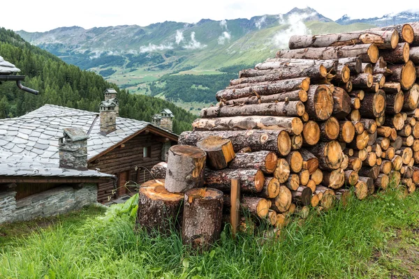 Woodpile and log house with stone roof, Cuneaz (Italy) — Stock Photo, Image