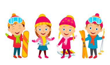 Çocuklar kış aktivitesi, kayak, buz pateni, snowboard, kızak, illüstrasyon, vektör
