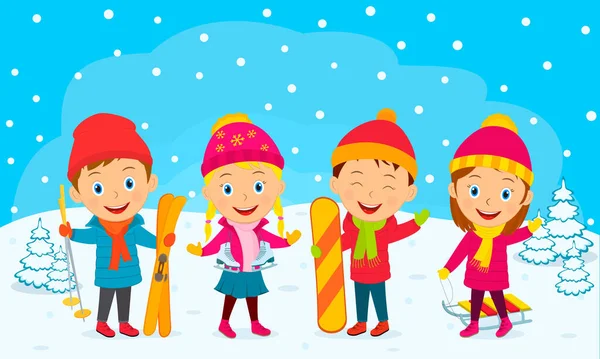Attività Invernale Bambini Sci Pattinaggio Ghiaccio Snowboardin Slediing Illustrazione Vettore — Vettoriale Stock