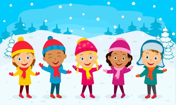 Dzieci Zima Aktywność Grupa Dzieci Stoją Razem Tle Zimowym Ilustracja Wektor Stockowy