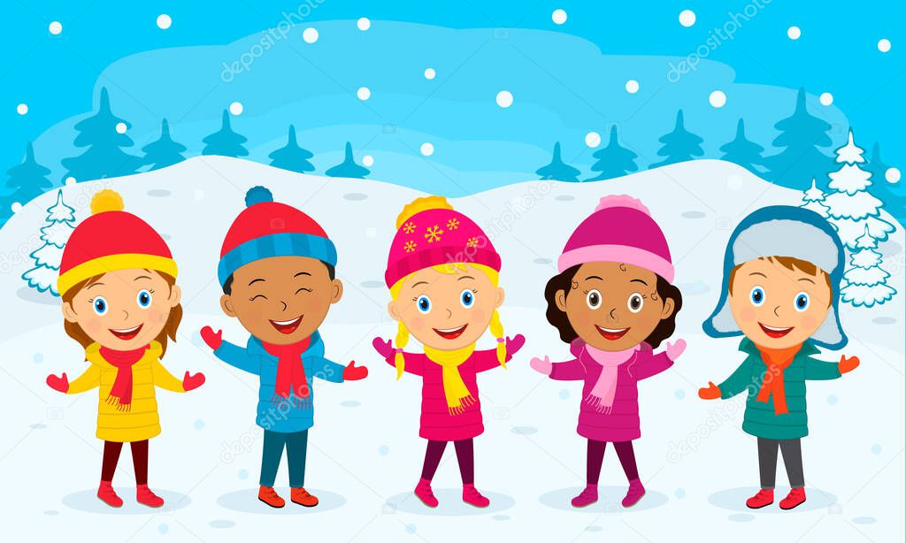 kids winter activity, group of kids stand together on the winter background,illudstration,vector