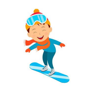 Çocuklar kış aktivitesi, çocuk snowboard sporu, illüzyon, vektör