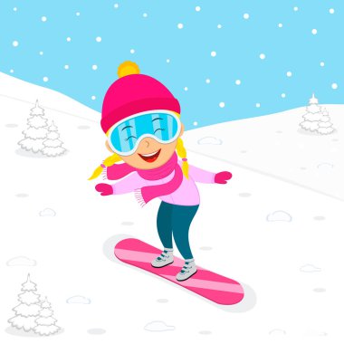 Çocuklar kış aktivitesi, kız snowboard, illüzyon, vektör