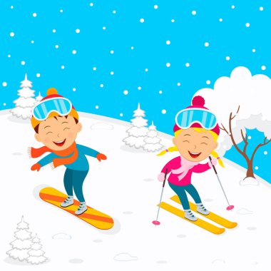 Çocuklar kış aktivitesi, erkek snowboard ve kız kayak, illüstrasyon, vektör
