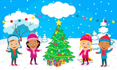 Çocuklar kışın ve Noel ağacında. Resim, vektör
